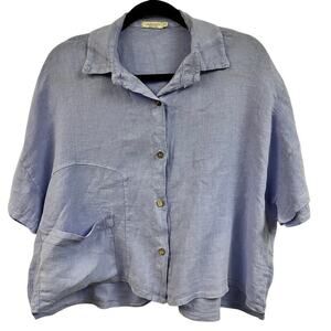 Laura Gotti Italy Size S Linen Crop Blouse light blue dolman sleeve button down